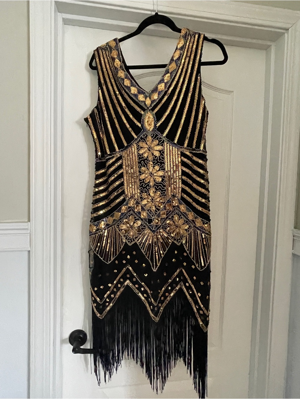 Black & Gold Beaded Flapper Dress with Fringe